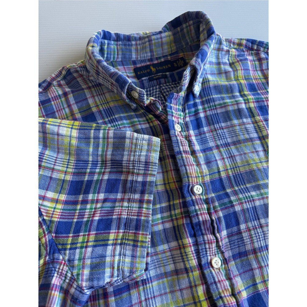 Ralph Lauren Shirt XL Blue Green Excellent Slim Fit Plaid Short‎ Sleeve Button